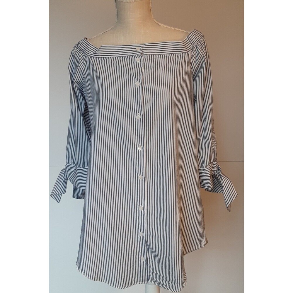 Forever 21 Women's Sz S Cotton Off-The-Shoulder Blue/White Striped Button-up Top